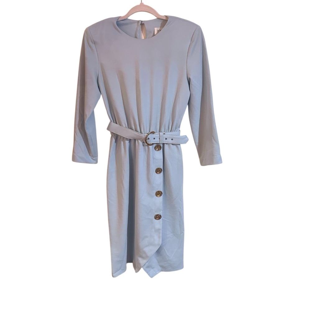 Vintage 80s Powder Blue Wool Blend Dress with Belt